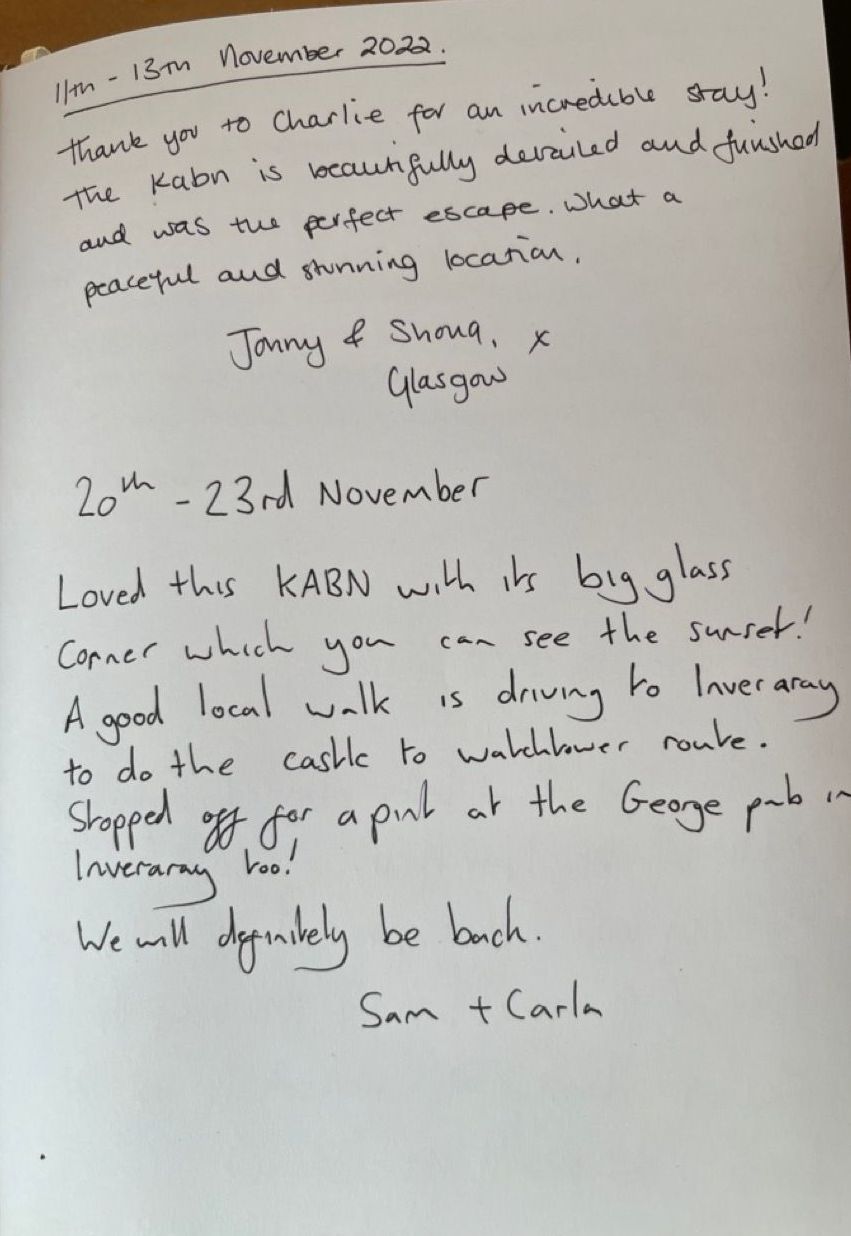 a hand written review of Kabn best place to stay Scotland