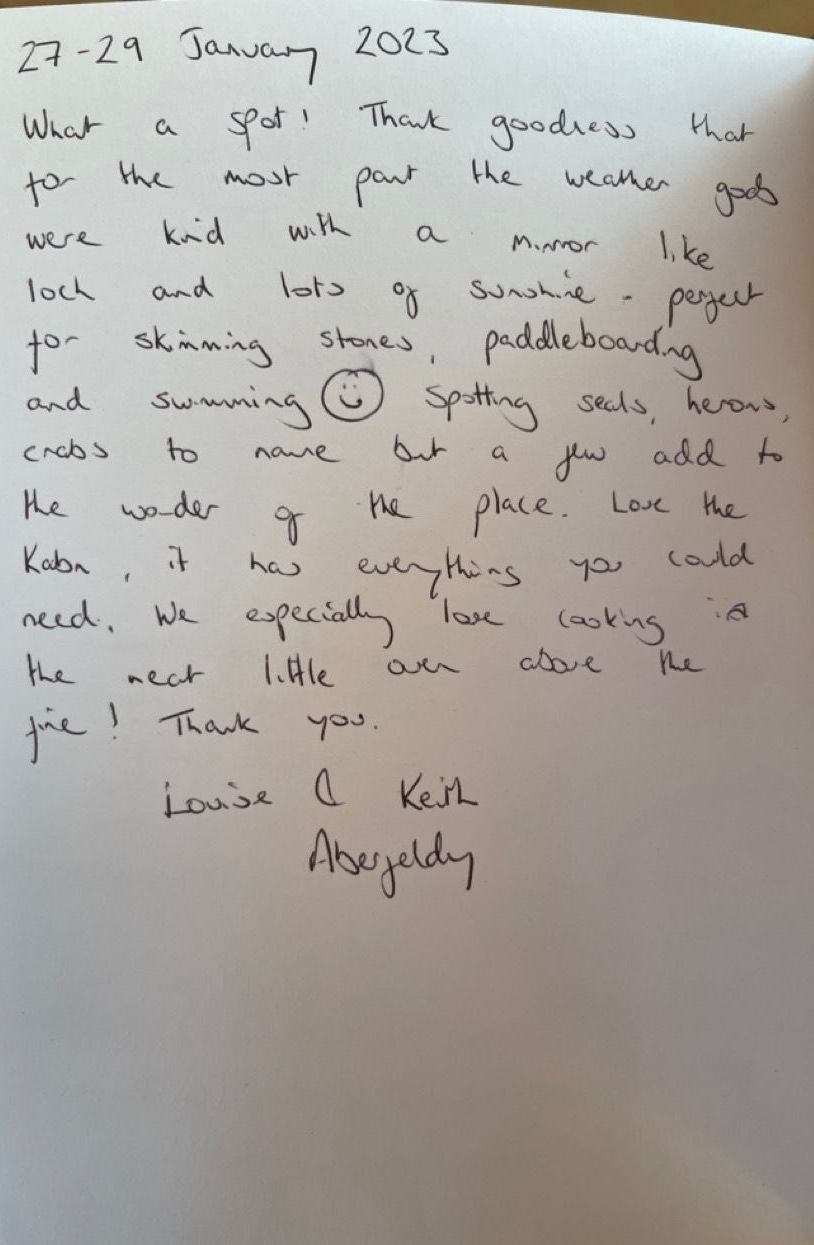 a hand written review of Kabn best place to stay Scotland