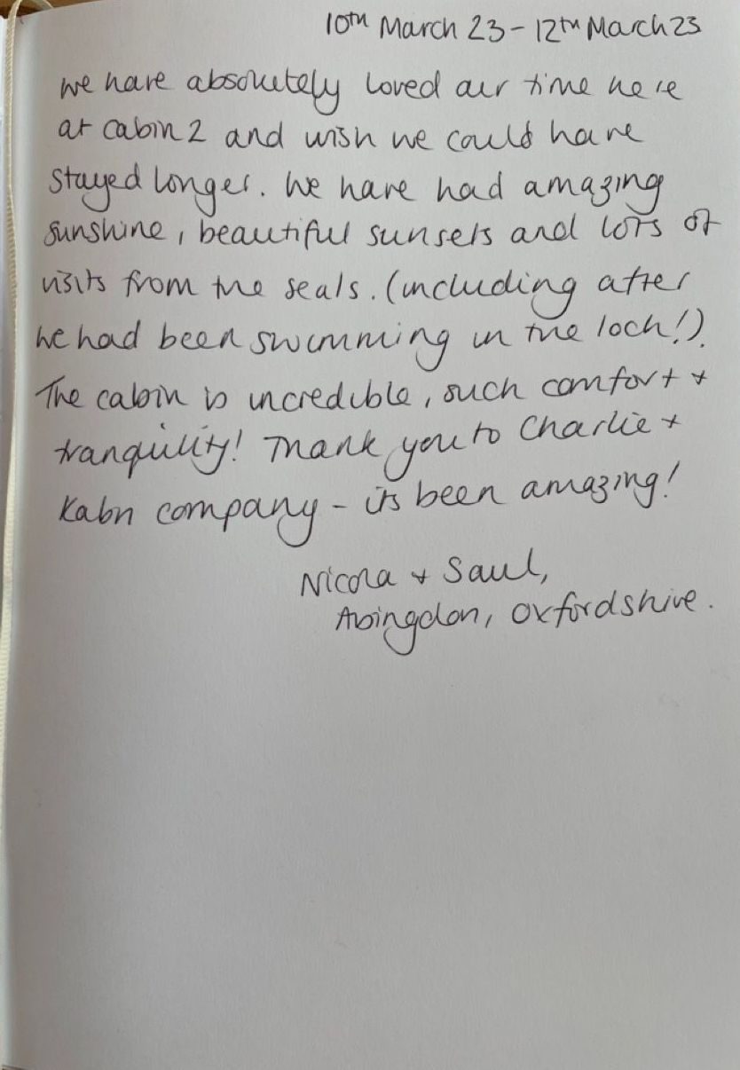 a hand written review of Kabn best place to stay Scotland