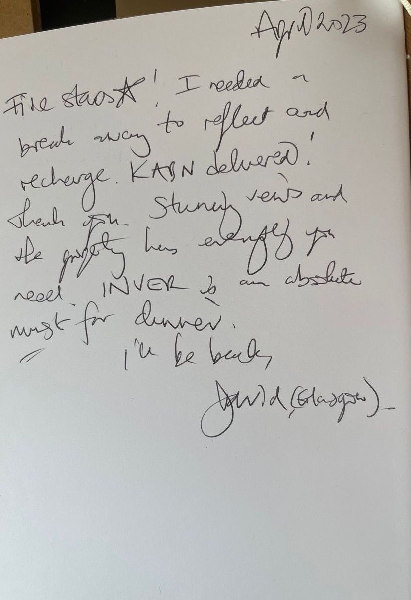 a hand written review of Kabn best place to stay Scotland