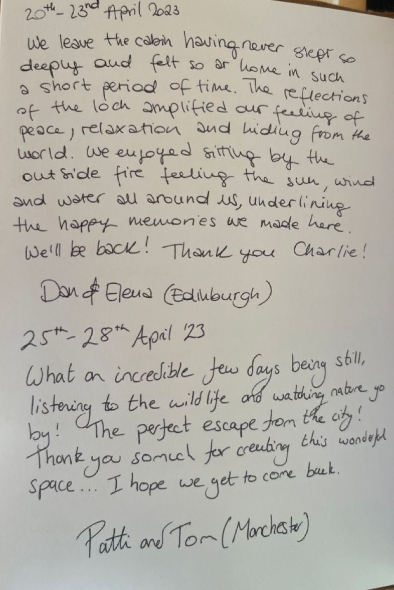 a hand written review of Kabn best place to stay Scotland