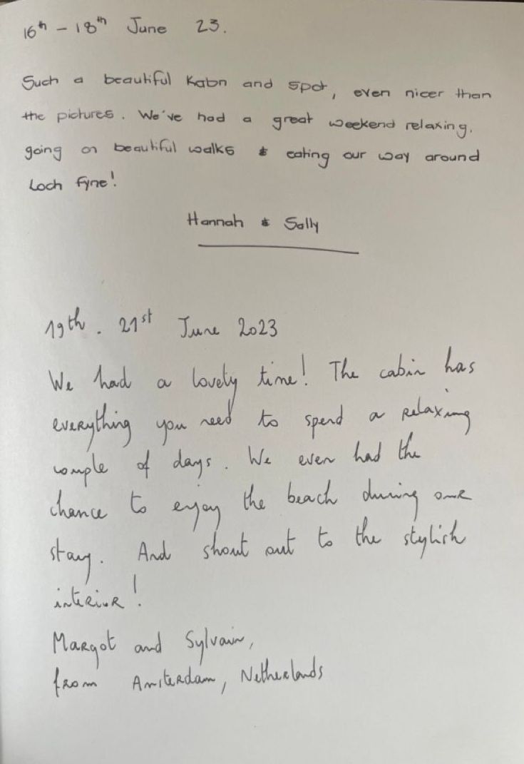 a hand written review of Kabn best place to stay Scotland