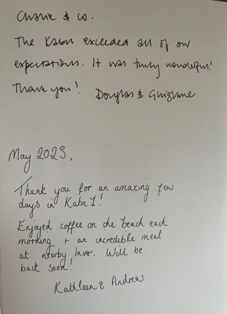 a hand written review of Kabn best place to stay Scotland