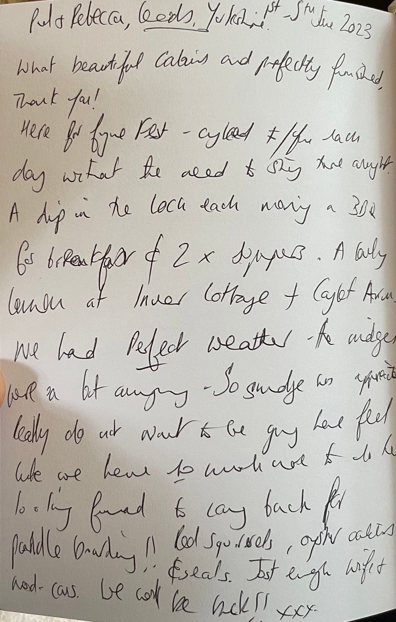 a hand written review of Kabn best place to stay Scotland