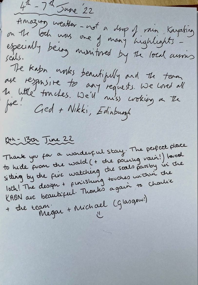 a hand written review of Kabn best place to stay Scotland