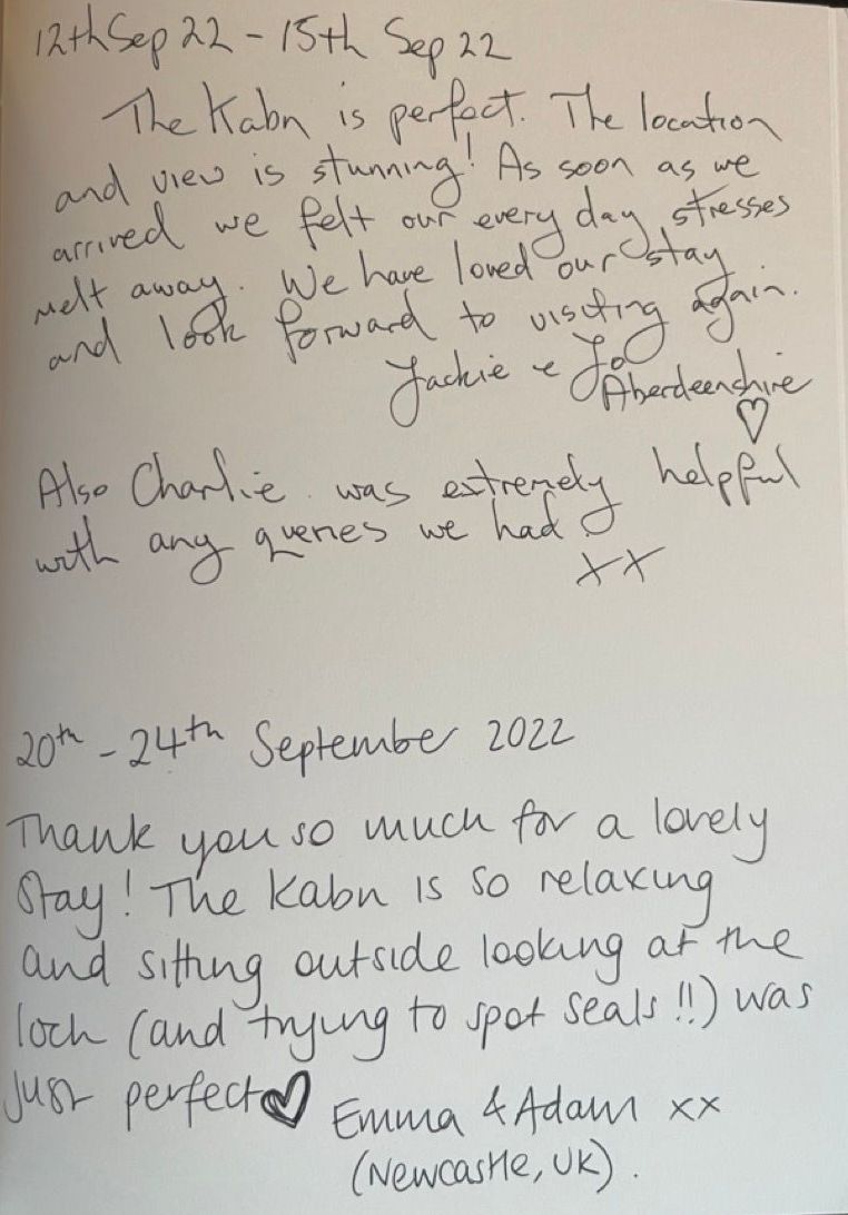 a hand written review of Kabn best place to stay Scotland