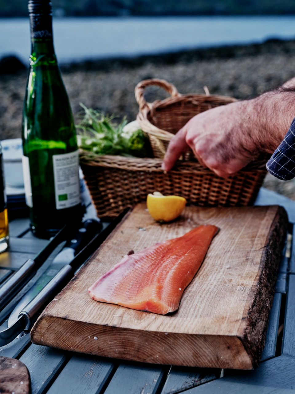 Loch Fyne salmon being cooked on a beach at Kabn.