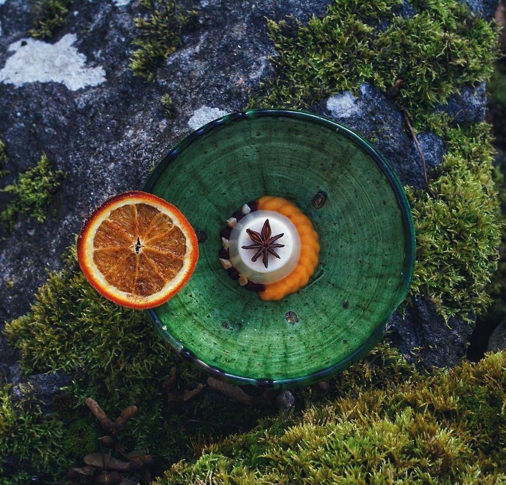 Organic sustainable plate of food next to a mossy rock.
