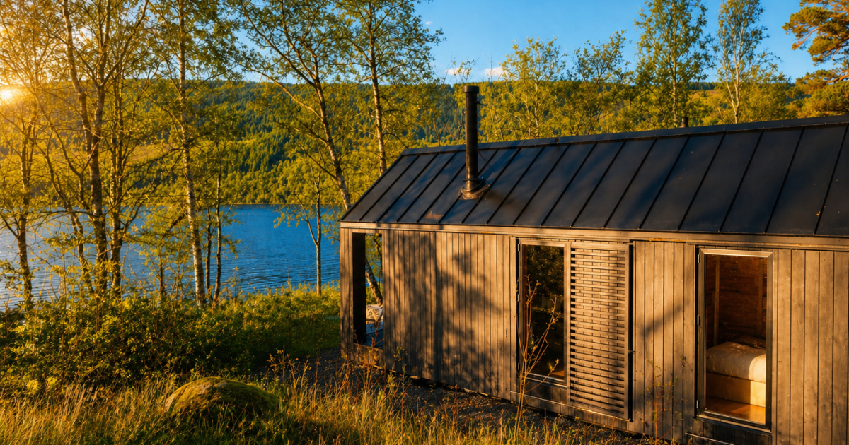 Exterior of a black luxury self catered cabin in nature.