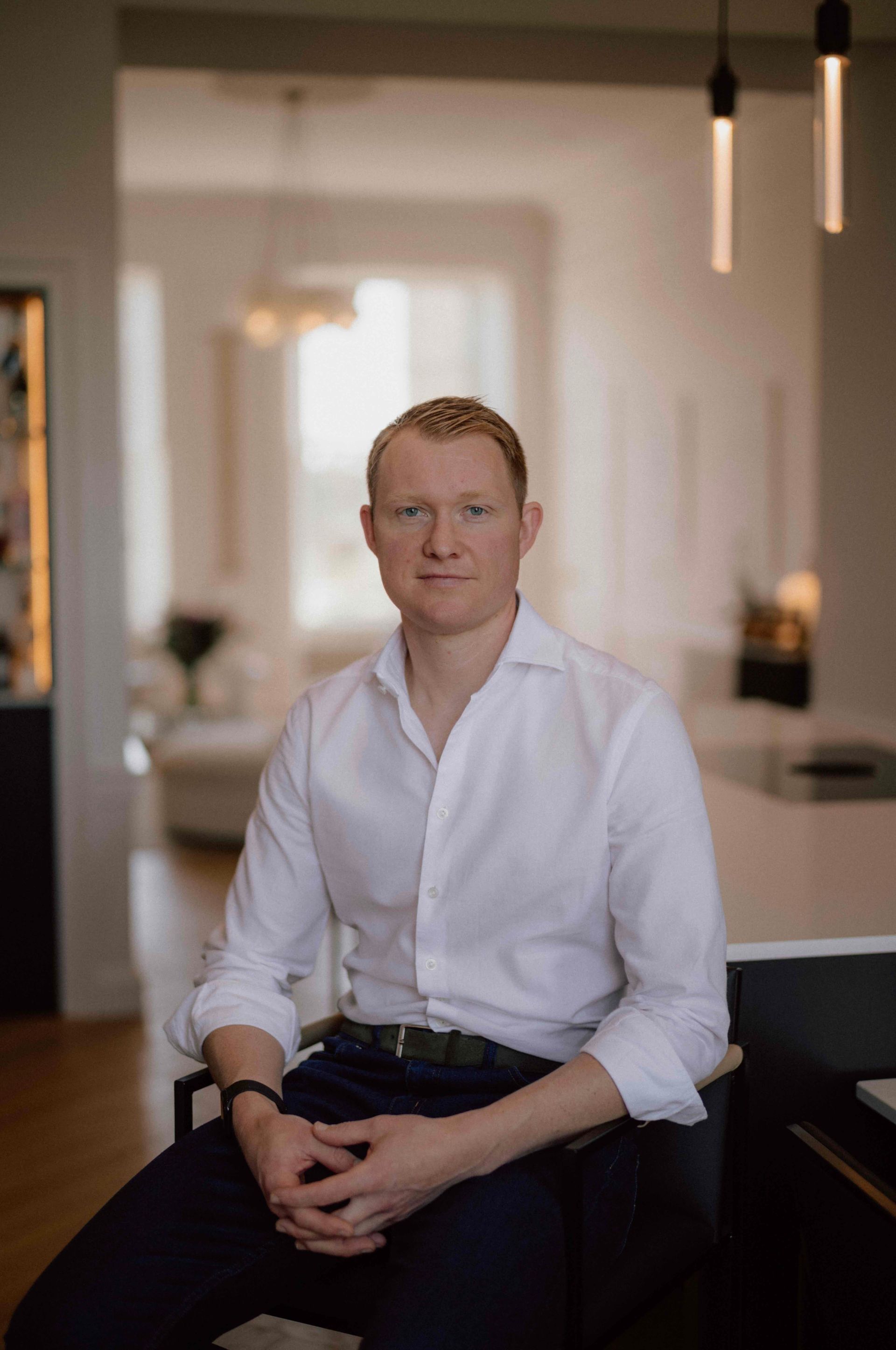 Portrait of Charlie, co founder of Kabn, a luxury cabin retreat brand in Scotland.