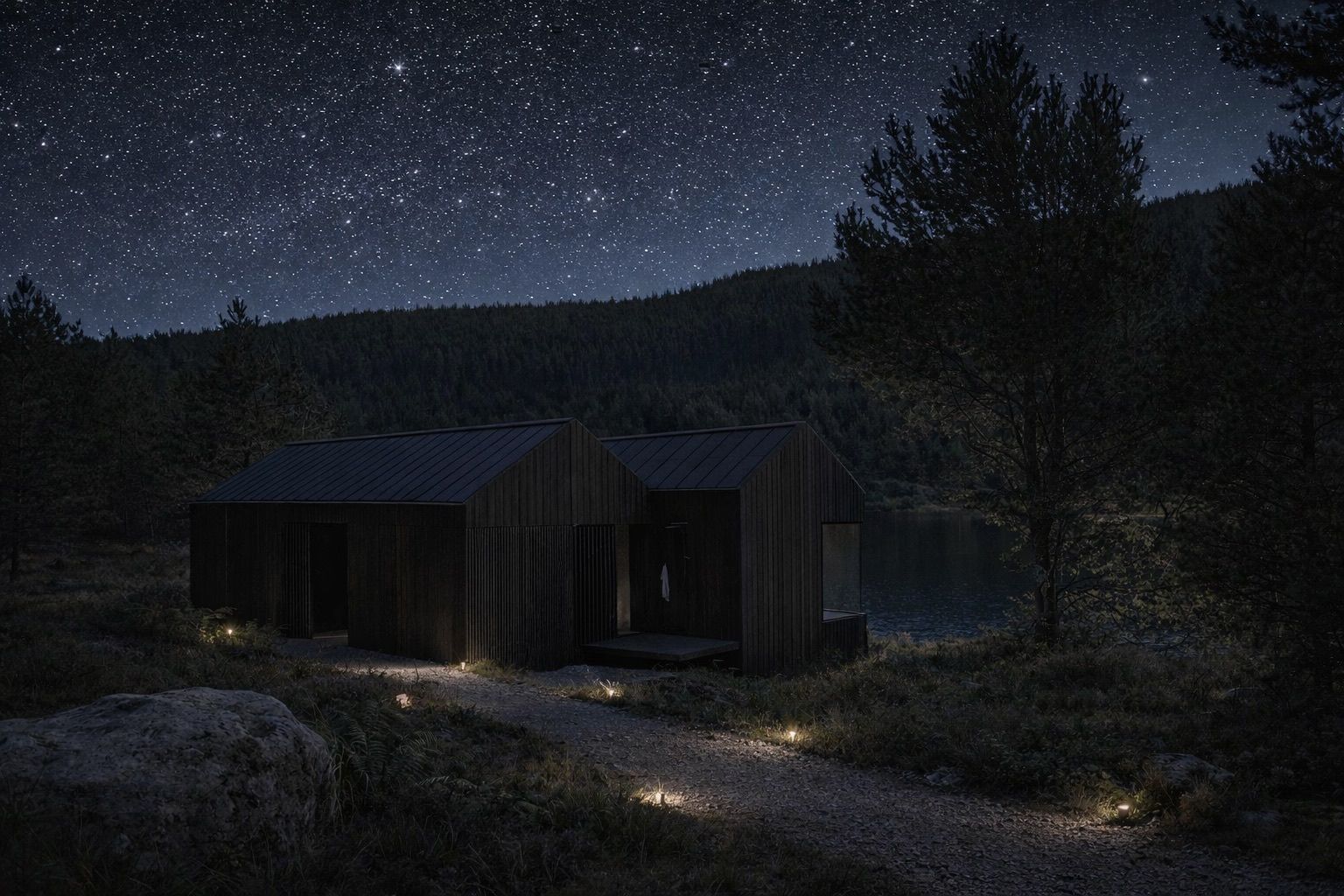 luxury cairngorms Cabin under a starry night sky, stargazing, path with lights, surrounded by trees and a lake.
