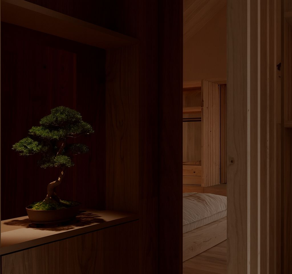Teaser view of a Kabn cabin interior in the Cairngorms, showcasing calm luxury and natural materials