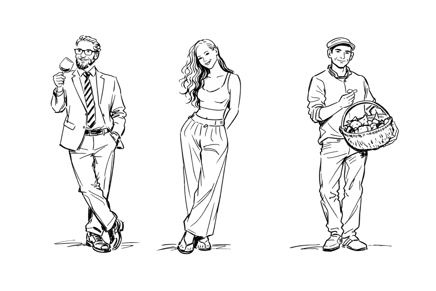 Line illustration of three Kabn brand ambassadors reflecting life in Loch Fyne, Scotland