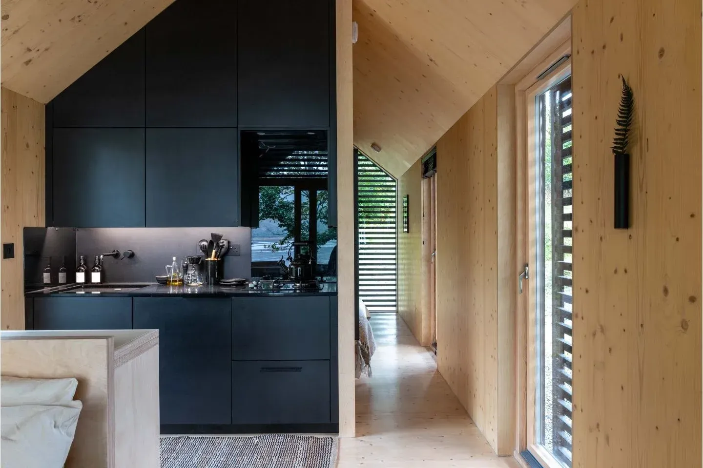 Modern designer kitchen interior in a luxury off-grid cabin featuring minimalist black cabinetry and light wood walls.