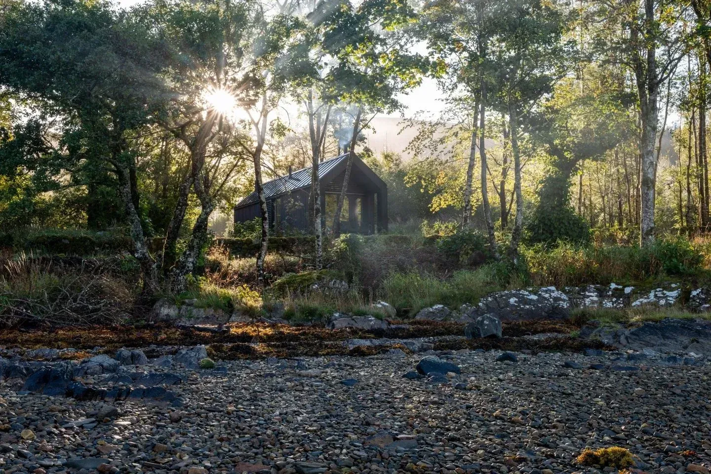Sustainable luxury cabin exterior at sunset, hidden within a remote and secluded woodland setting.