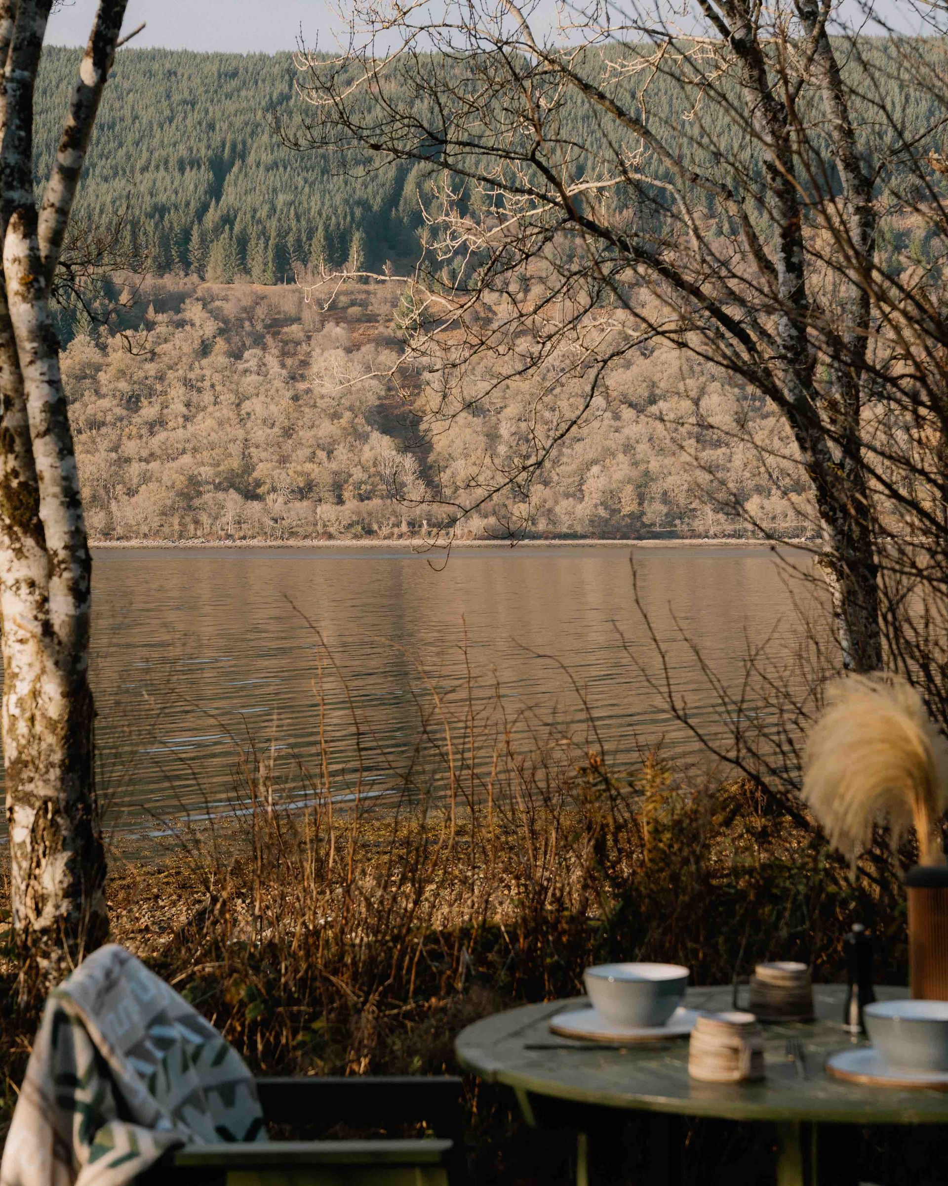 Lakeside scene: table set for tea, trees in foreground, water and forested hillside in background.