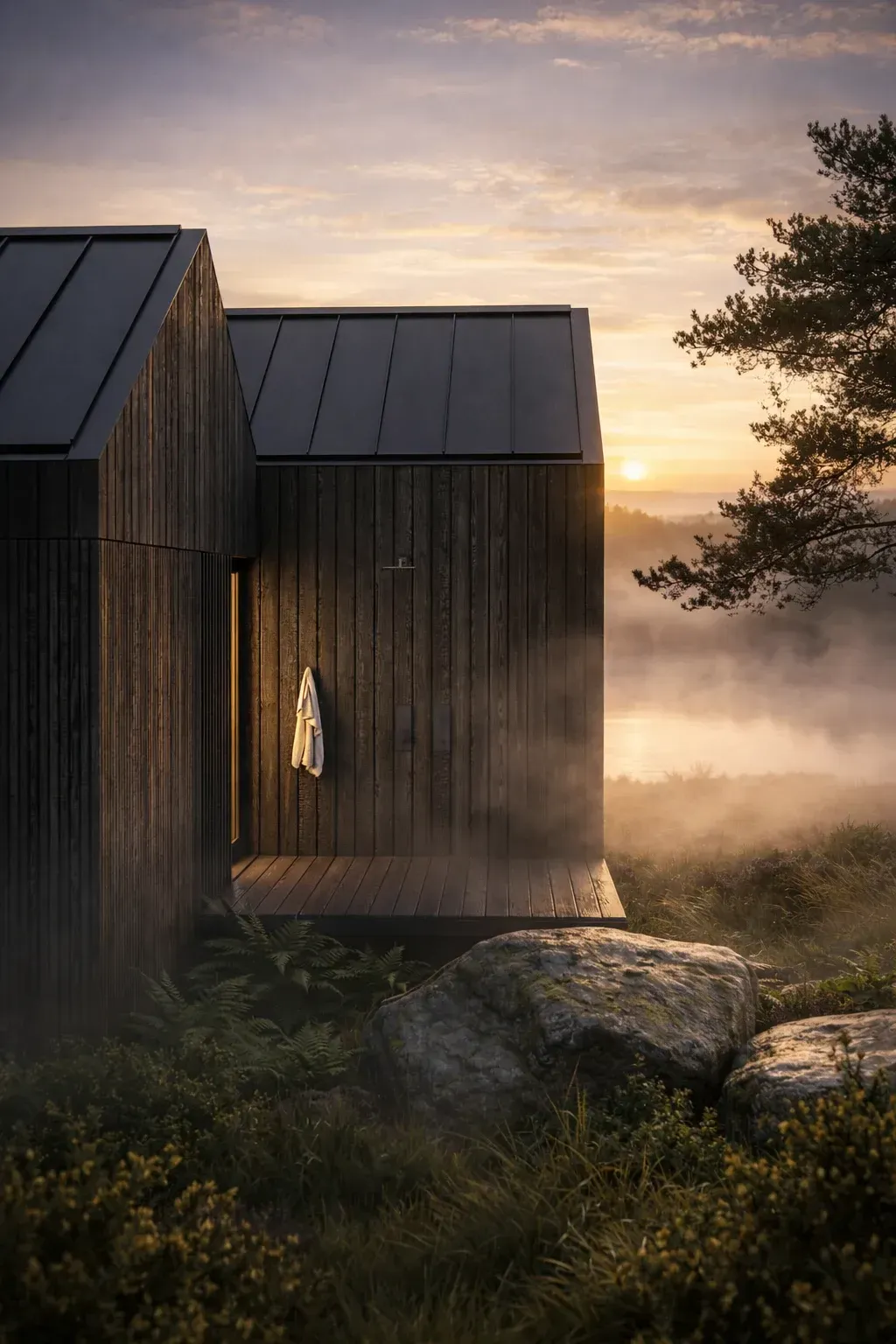 A secluded luxury cabin in the Cairngorms National Park, crafted in dark timber and surrounded by pine forest