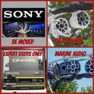 Sony marine audio promo collage with car and boat speakers, red and black text panels.