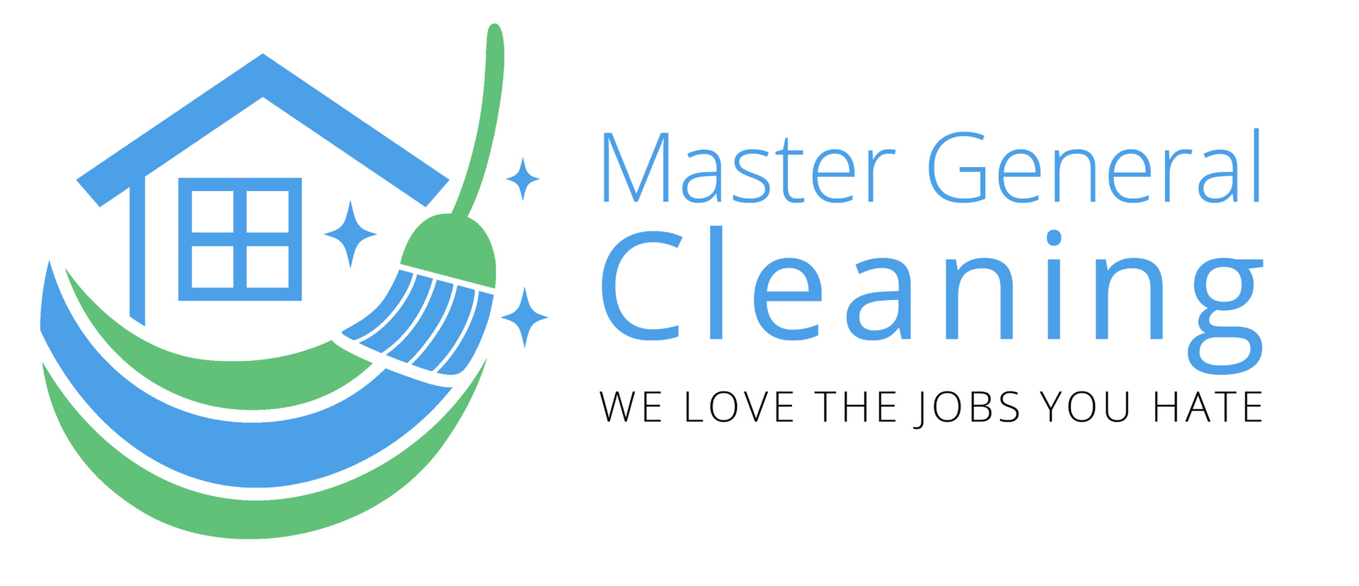 The logo for master general cleaning shows a house and a broom.