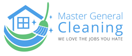 The logo for master general cleaning shows a house and a broom.