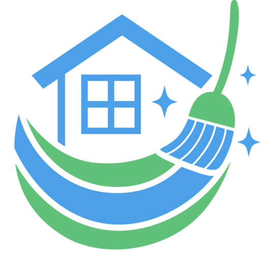 A logo for a cleaning company with a house and a broom.