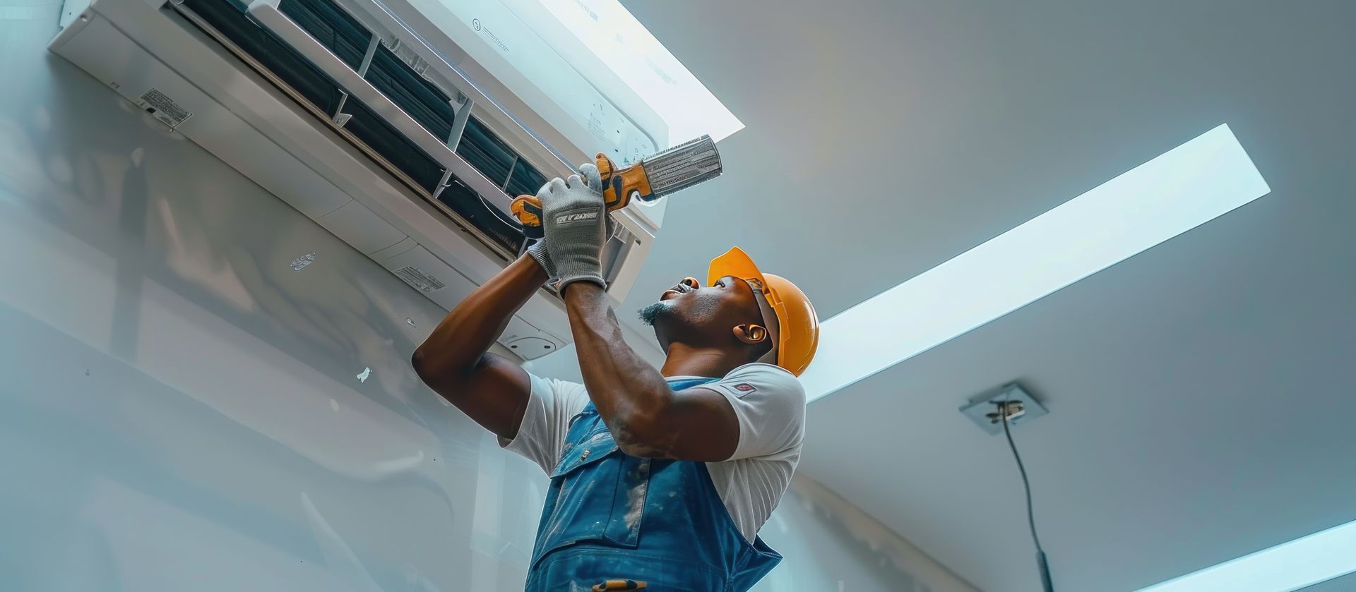 African-American technician working on an AC Unit.