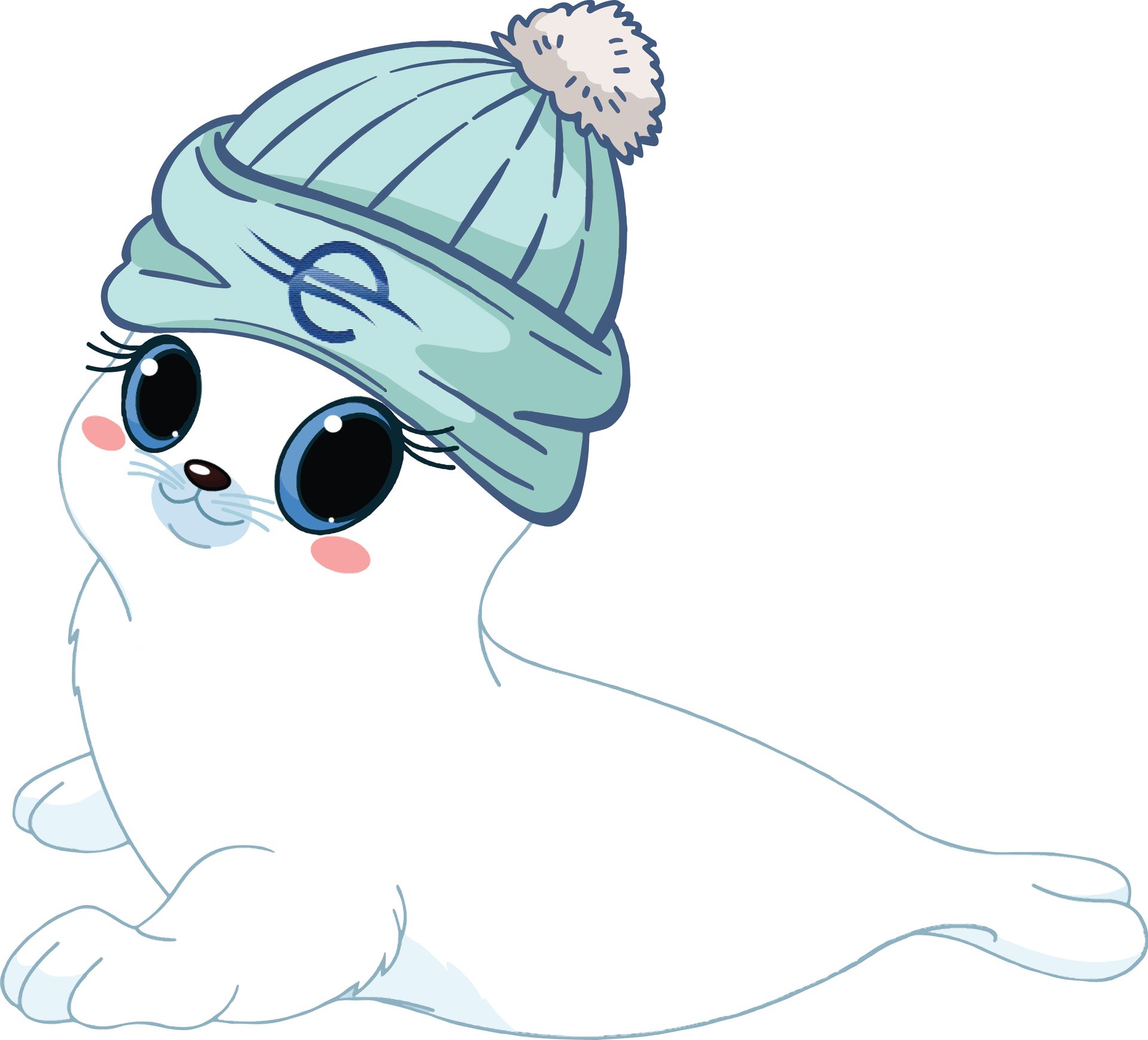 White seal pup wearing a light blue beanie with the letter