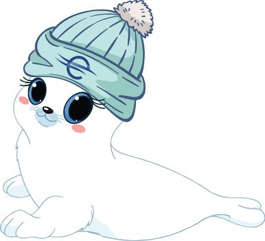White seal pup wearing a light blue beanie with the letter 