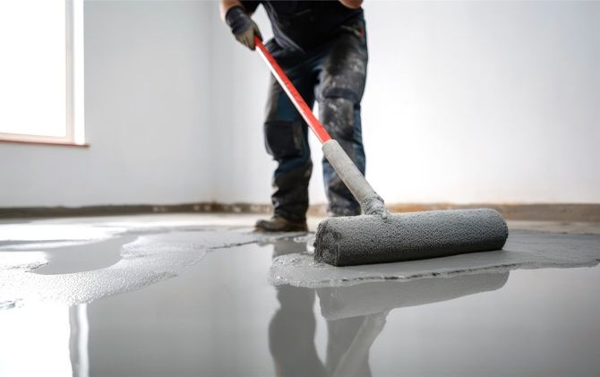 Person rolling gray floor coating with a paint roller in a room with a wet concrete floor.