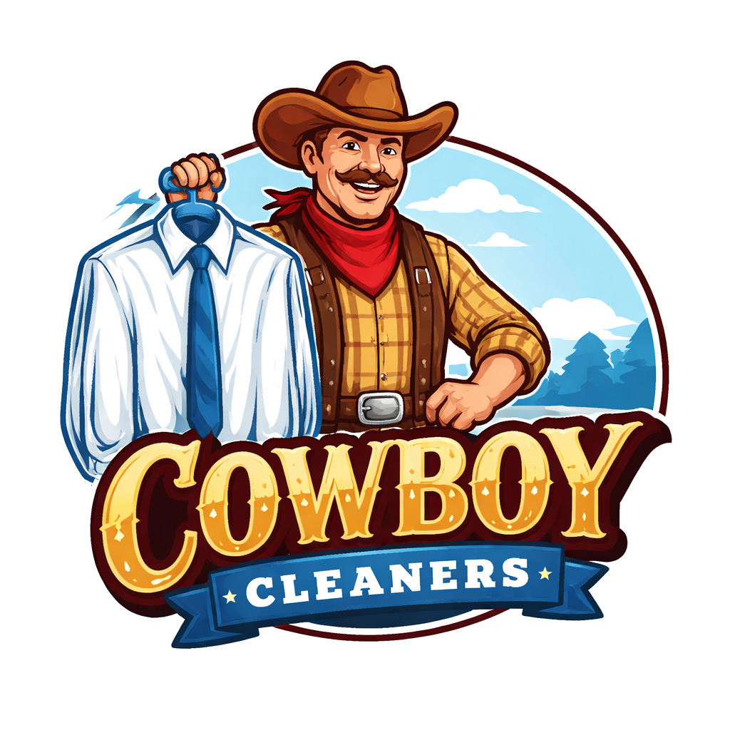 Logo for Cowboy Cleaners showing a smiling person in western attire holding a dress shirt on a hanger.