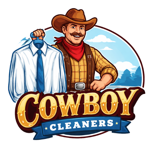 Logo for Cowboy Cleaners showing a smiling person in western attire holding a dress shirt on a hanger.