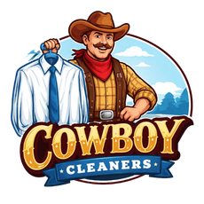 Logo for Cowboy Cleaners showing a smiling person in western attire holding a dress shirt on a hanger.