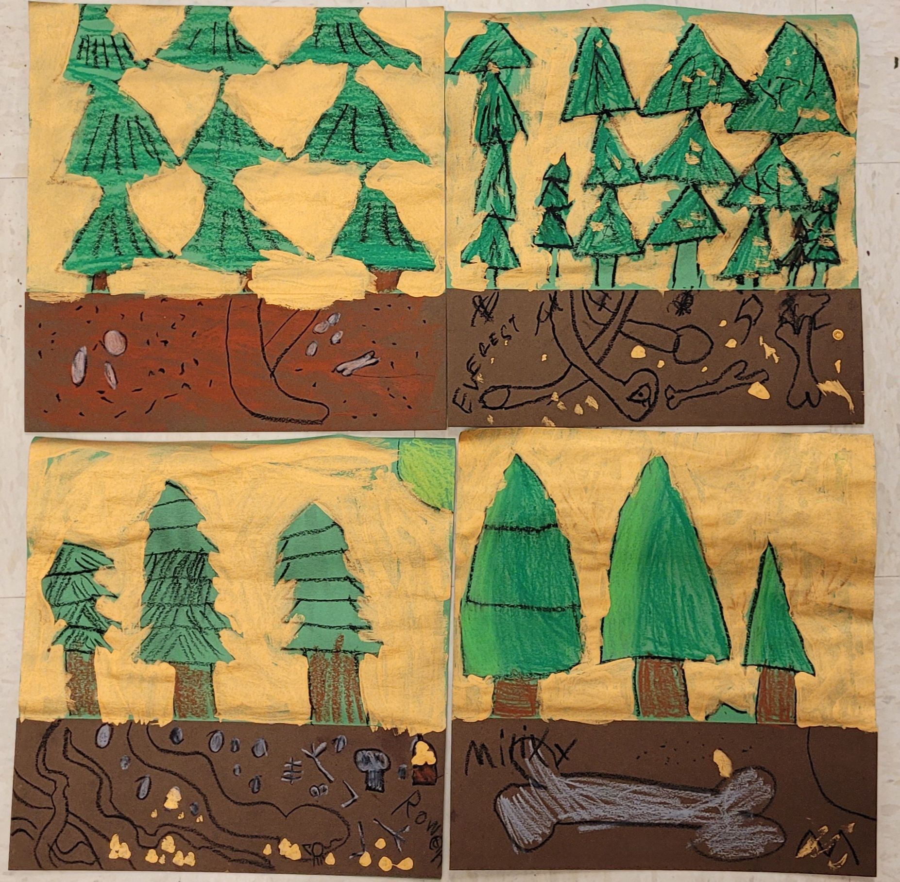A child 's drawing of a forest with the word milky written on the bottom