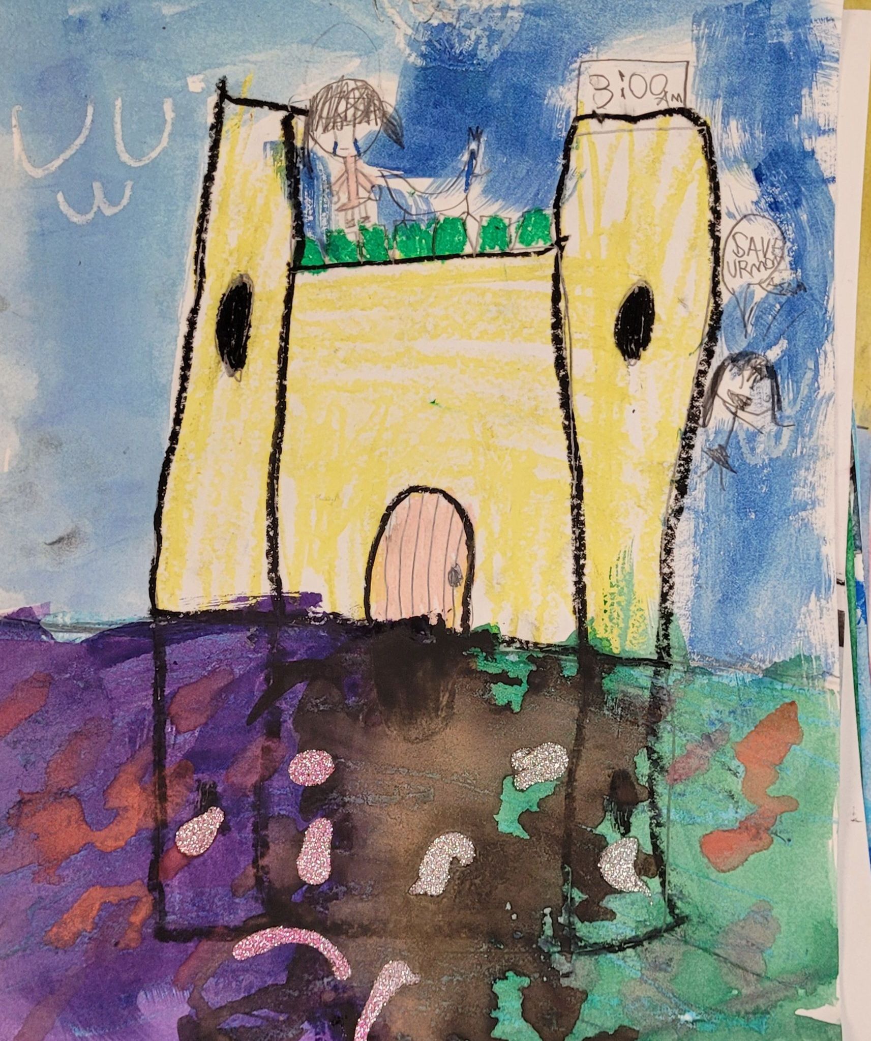 A child 's drawing of a yellow castle with a blue sky in the background
