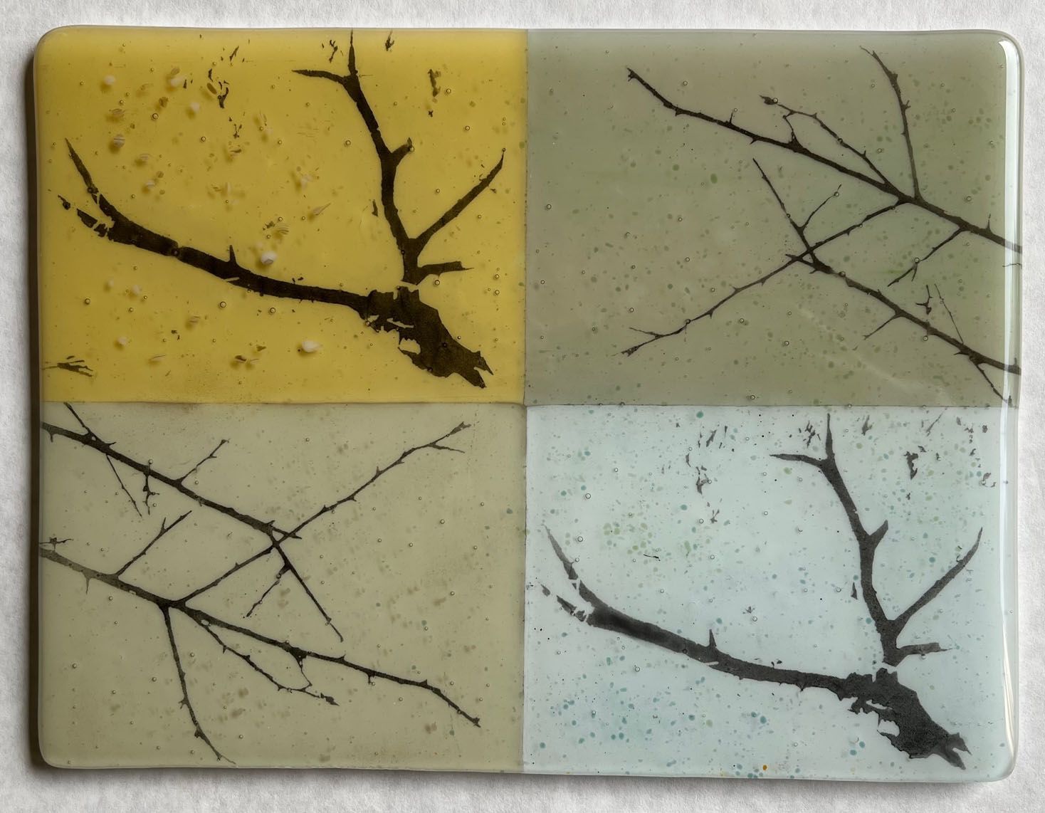 A painting of a tree branch in four different colors