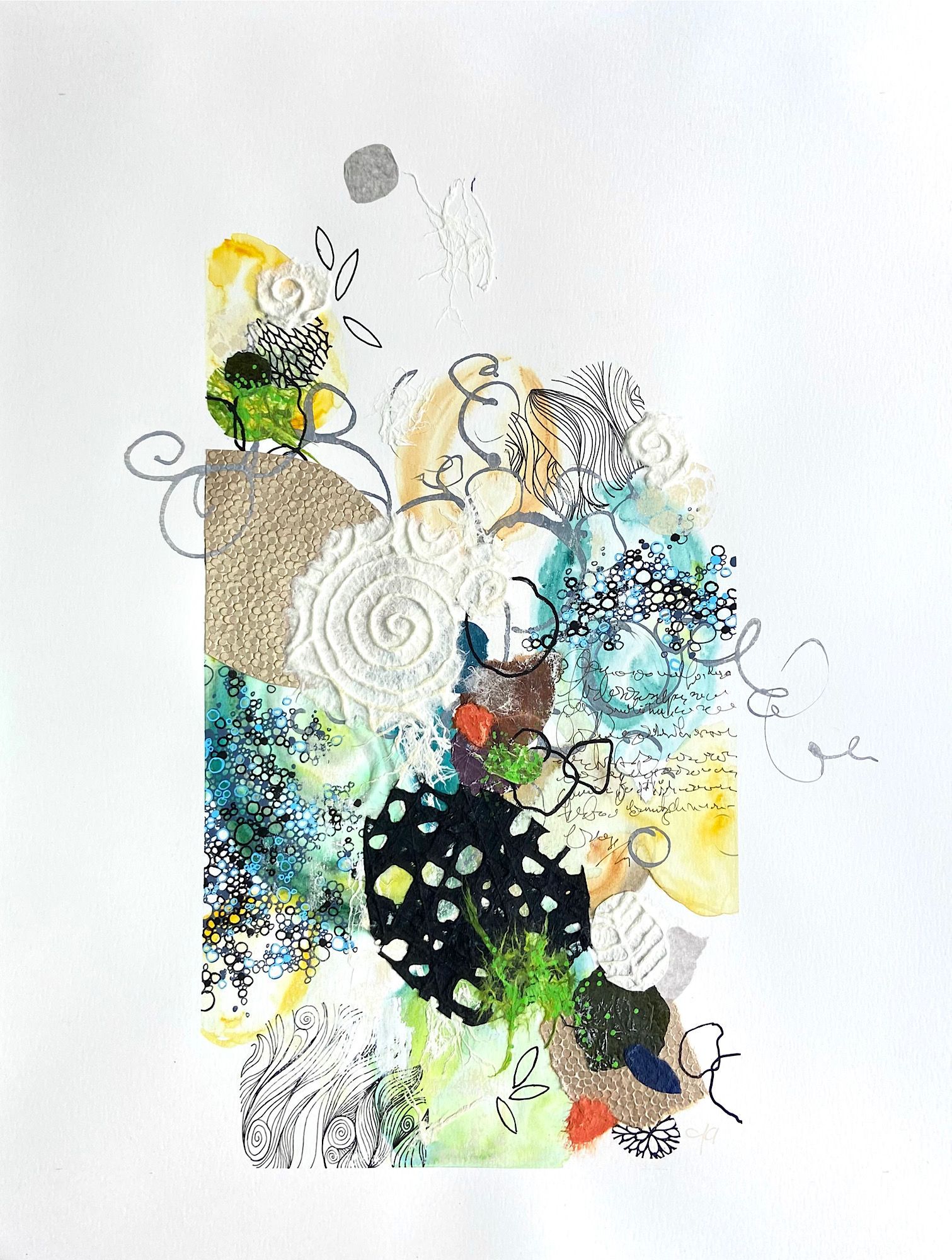 A painting of a collage of different colored objects on a white background.