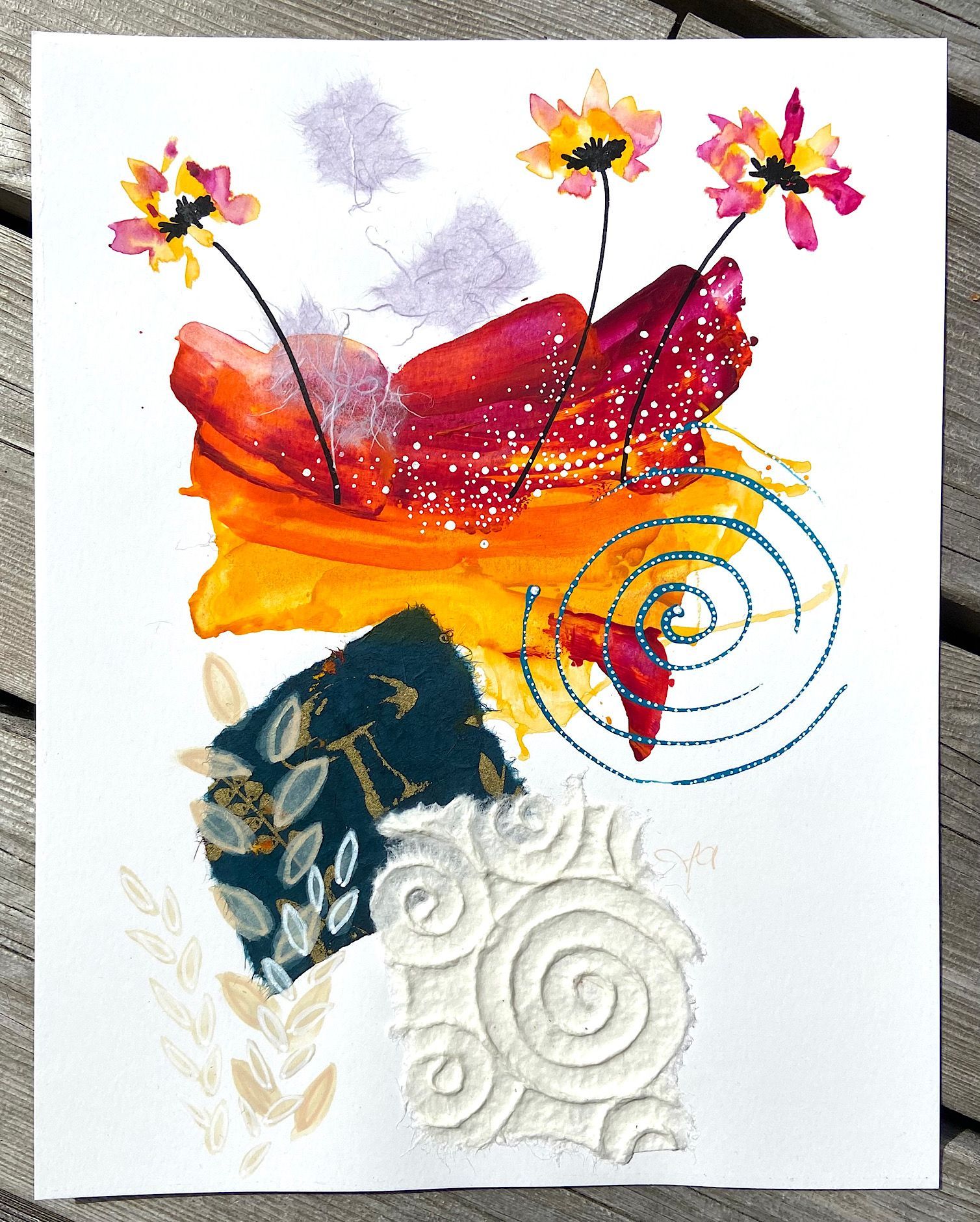 A painting of flowers with a spiral in the middle