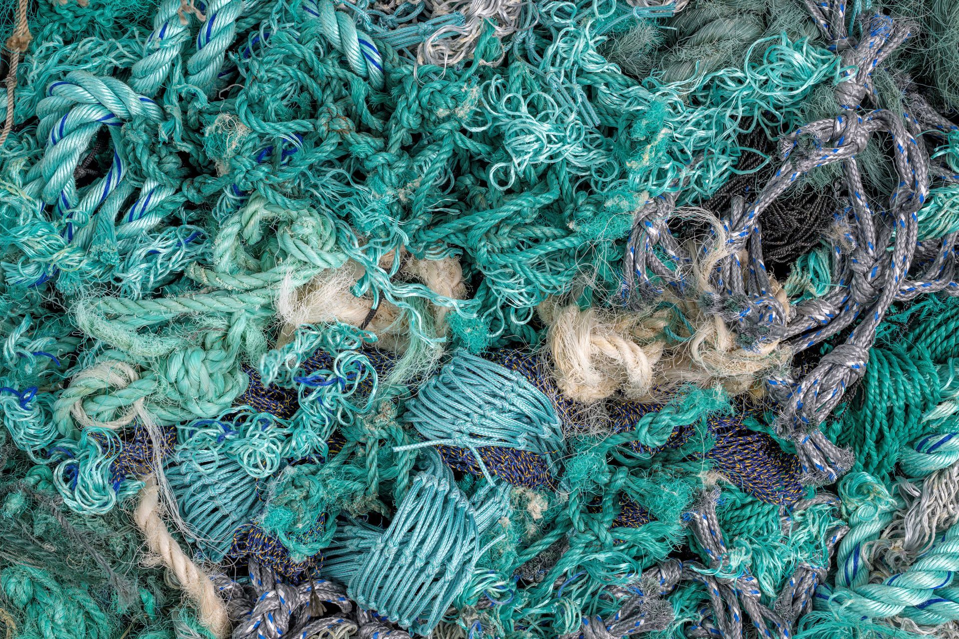 A pile of blue and purple ropes and yarn.