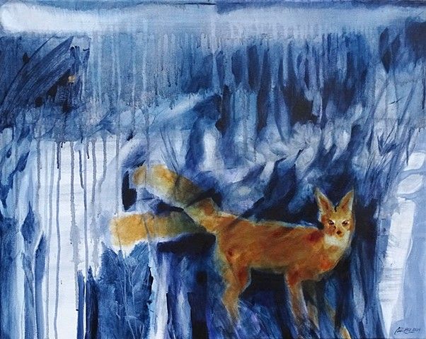 A painting of a fox standing in the rain.
