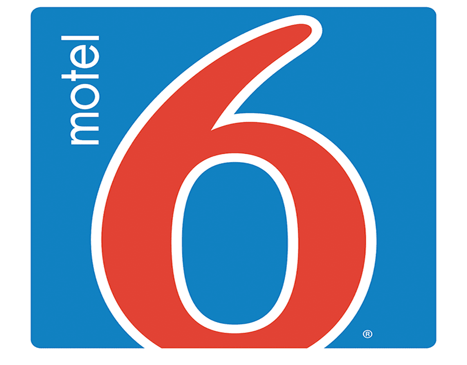 A blue and red motel 6 logo on a white background