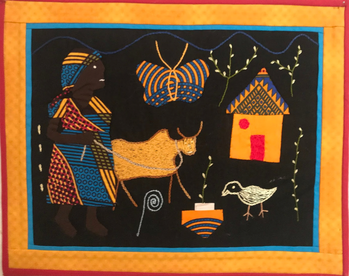 A painting of a woman standing next to a cow and a house