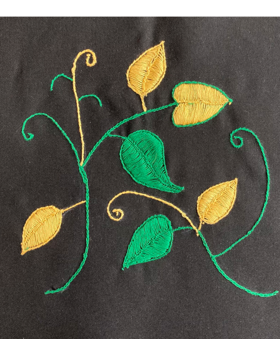 Green and yellow leaves are embroidered on a black cloth