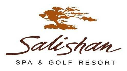 A logo for a spa and golf resort with a tree in the background.