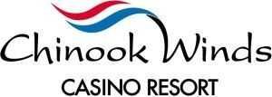 A logo for chinook winds casino resort with a red , white and blue wave.