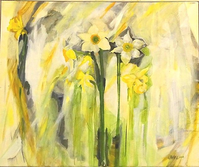 A painting of yellow flowers on a white background