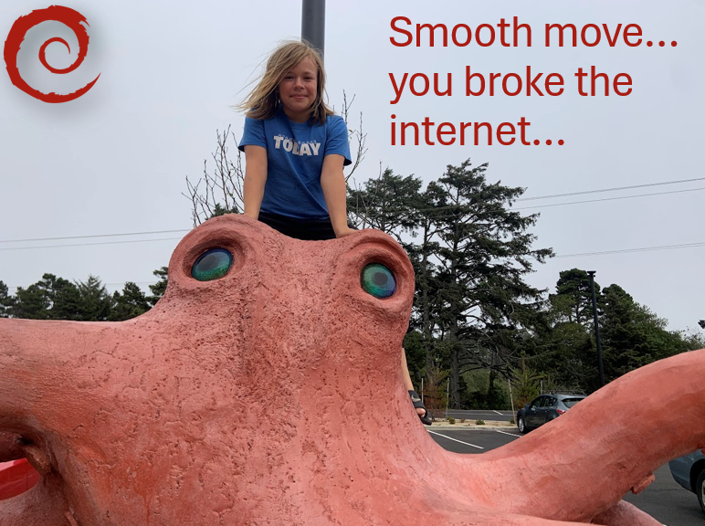 A Boy is sitting on top of an octopus statue