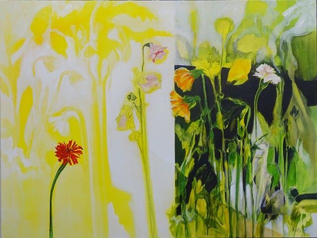 A painting of flowers on a yellow and white background