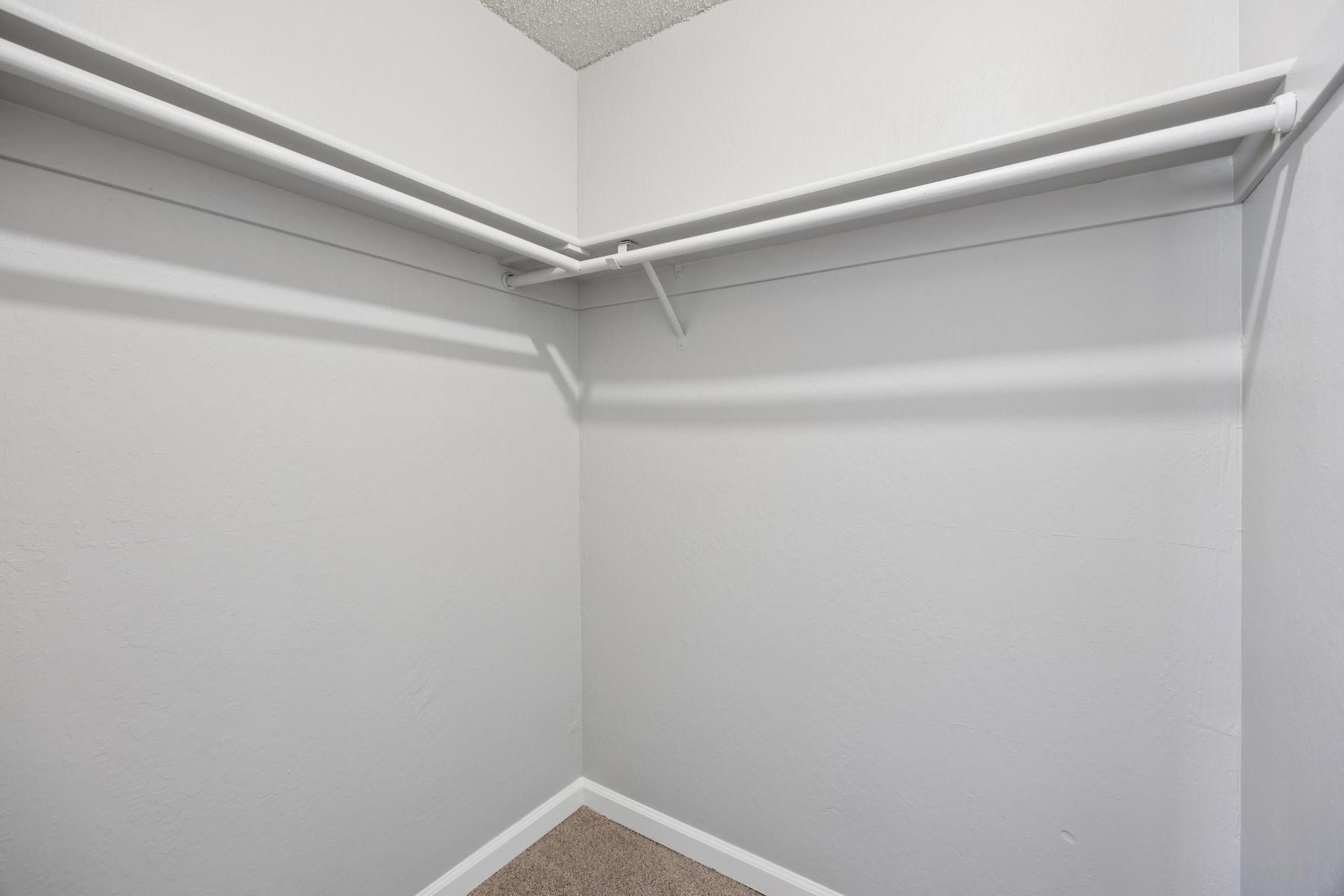 Empty, white-walled closet with two hanging rods and carpeted floor.