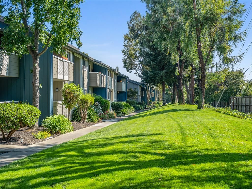 Exterior view of a multi-unit apartment complex with a green lawn and trees.