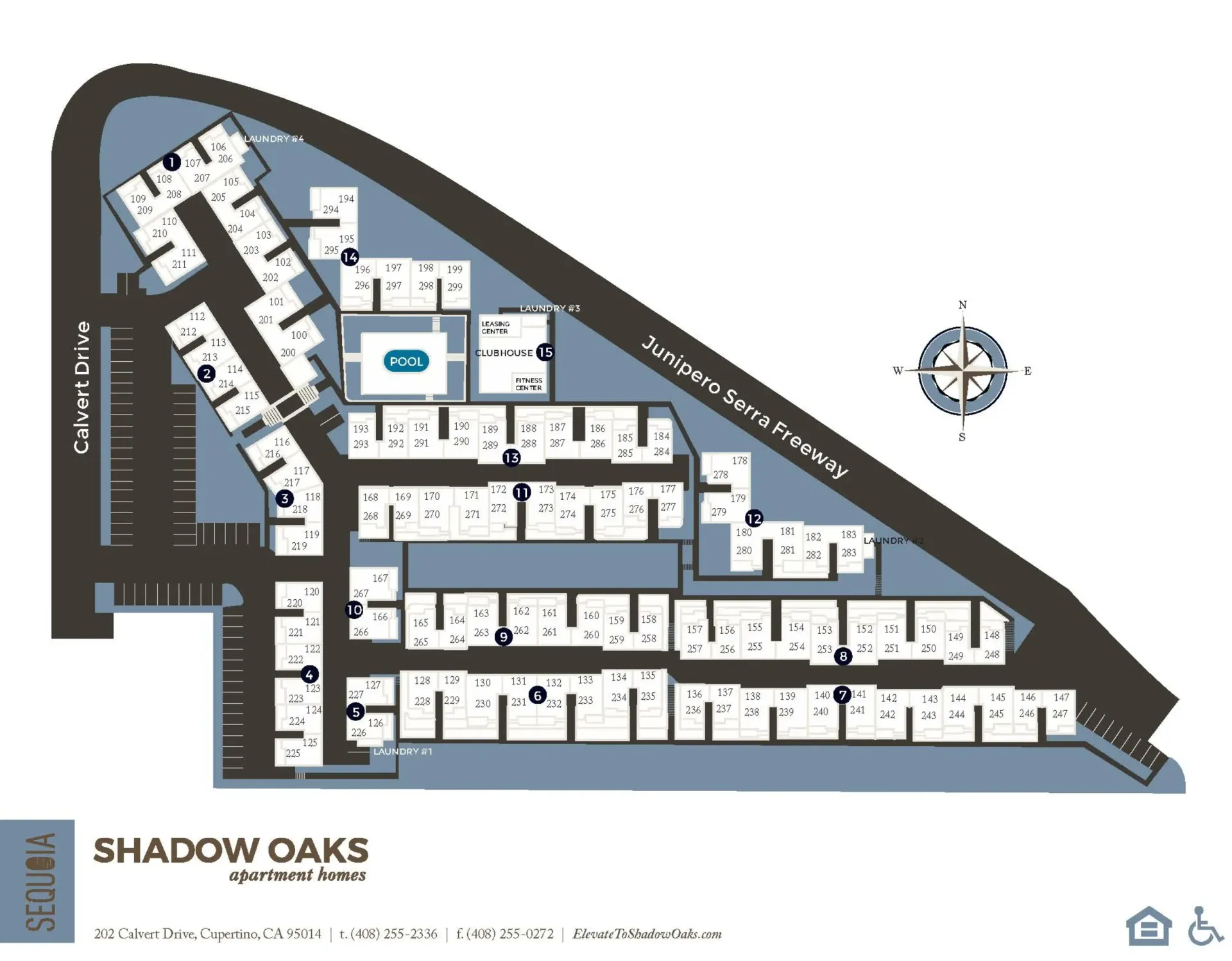 Floor plan of the Shadow Oaks apartments, showing building layouts, roadways, and a compass rose.